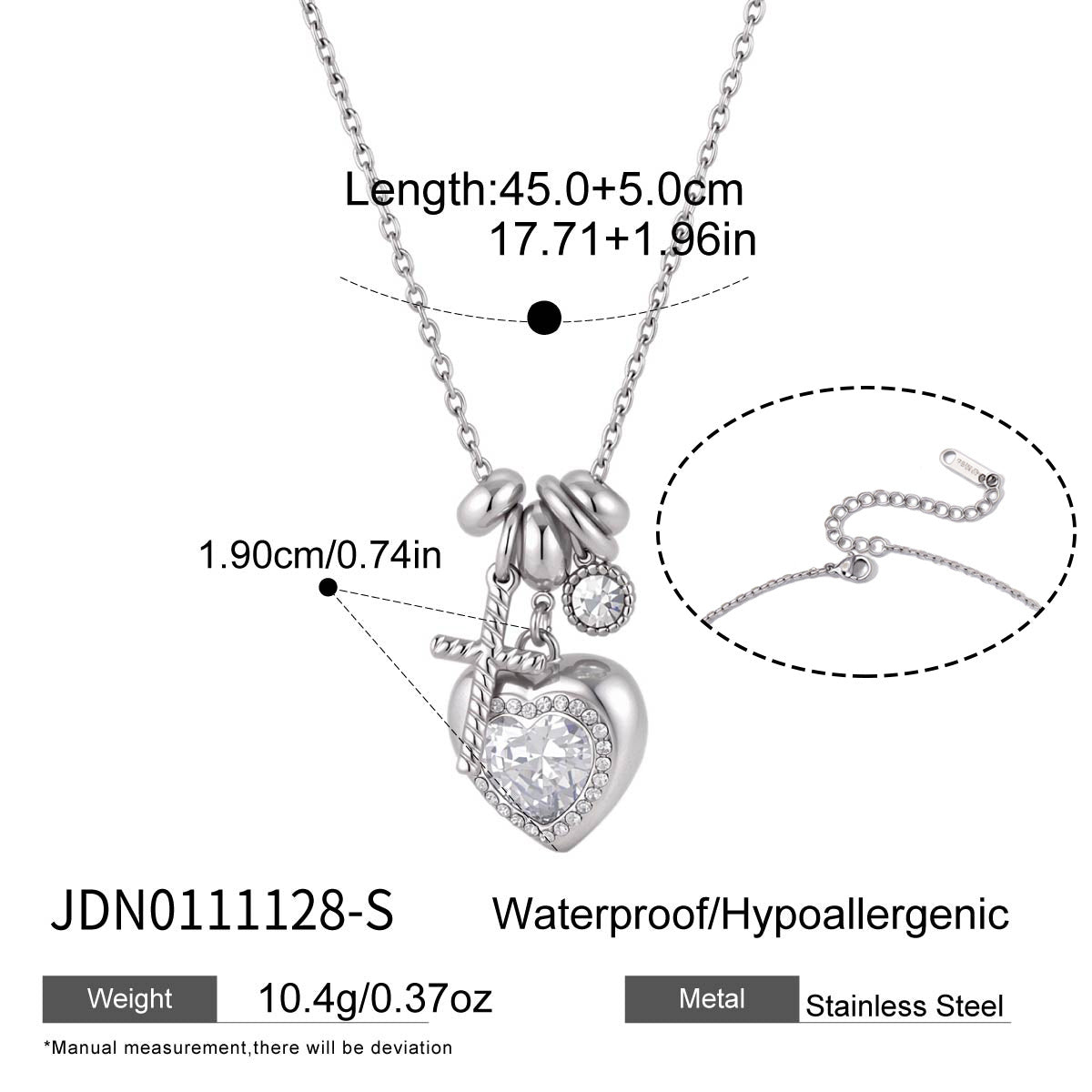 Silver stainless steel necklace with crystal heart charm and cross accent