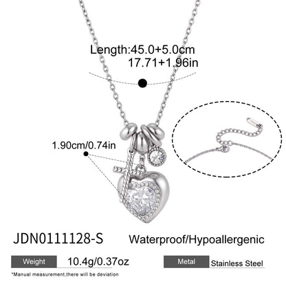 Silver stainless steel necklace with crystal heart charm and cross accent