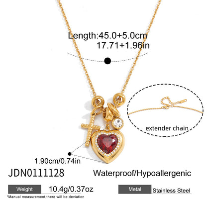Gold stainless steel necklace with red heart crystal pendant and cross charm