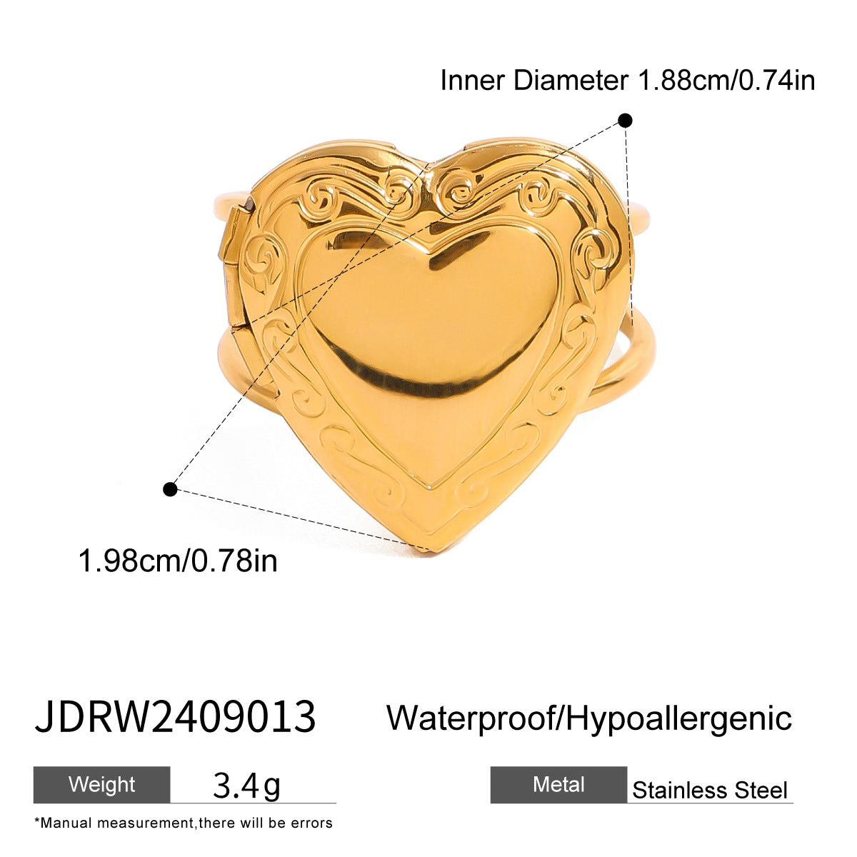 Gold stainless steel heart locket ring with engraved border and size details
