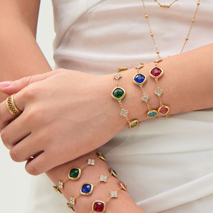 Stainless Steel Jewelry Set CZ Glass Stone Necklace Bracelet Earrings for Women