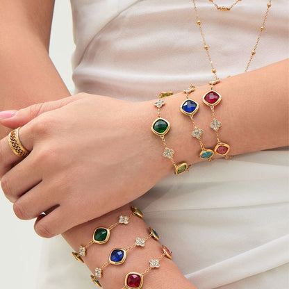 Stainless Steel Jewelry Set CZ Glass Stone Necklace Bracelet Earrings for Women