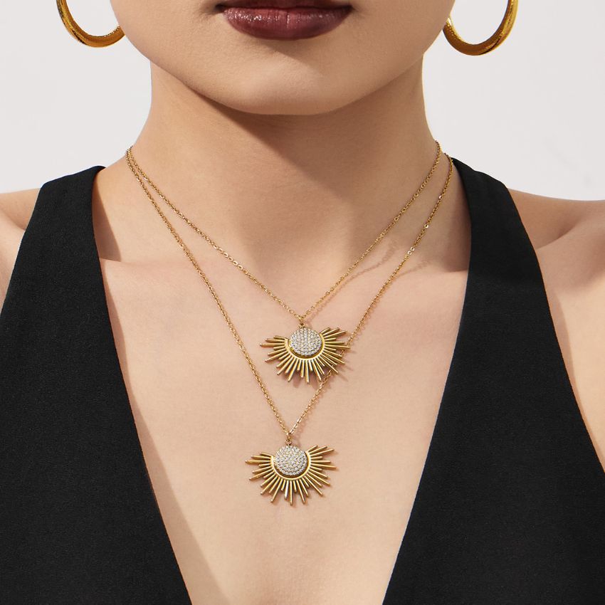 stainless steel gold sunburst zircon pendant necklace 