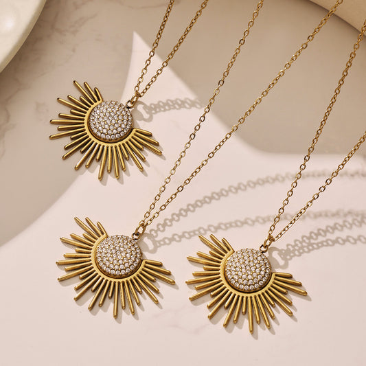 gold sunburst zircon pendant necklace layered fashion jewelry style