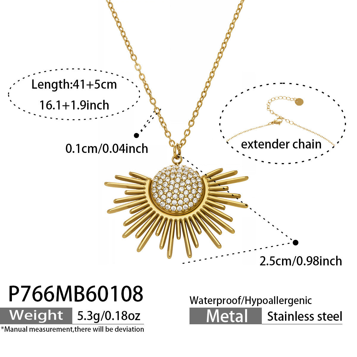 stainless steel sunburst zircon pendant necklace size and chain extender detail