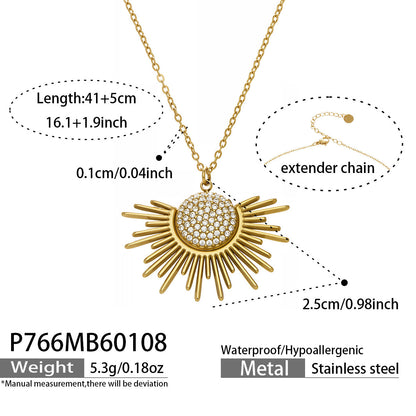 stainless steel sunburst zircon pendant necklace size and chain extender detail