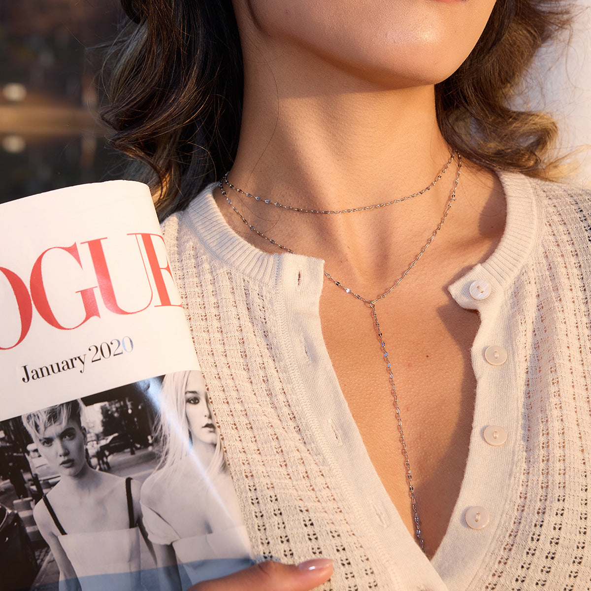 Model wearing stainless steel two layer Y chain necklace