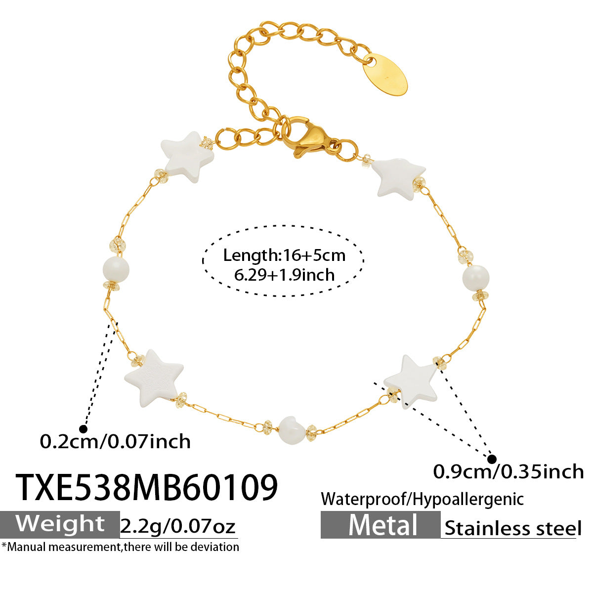 Shell star bracelet size guide 16 cm with 5 cm extender stainless steel

