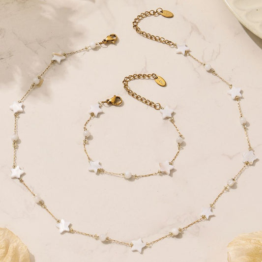 Star jewelry set flat lay shell star necklace and bracelet with extender chain