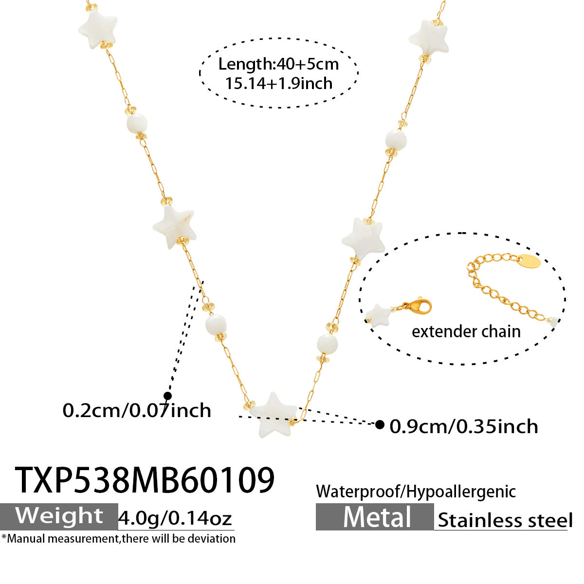 Shell star necklace size guide 40 cm with 5 cm extender stainless steel
