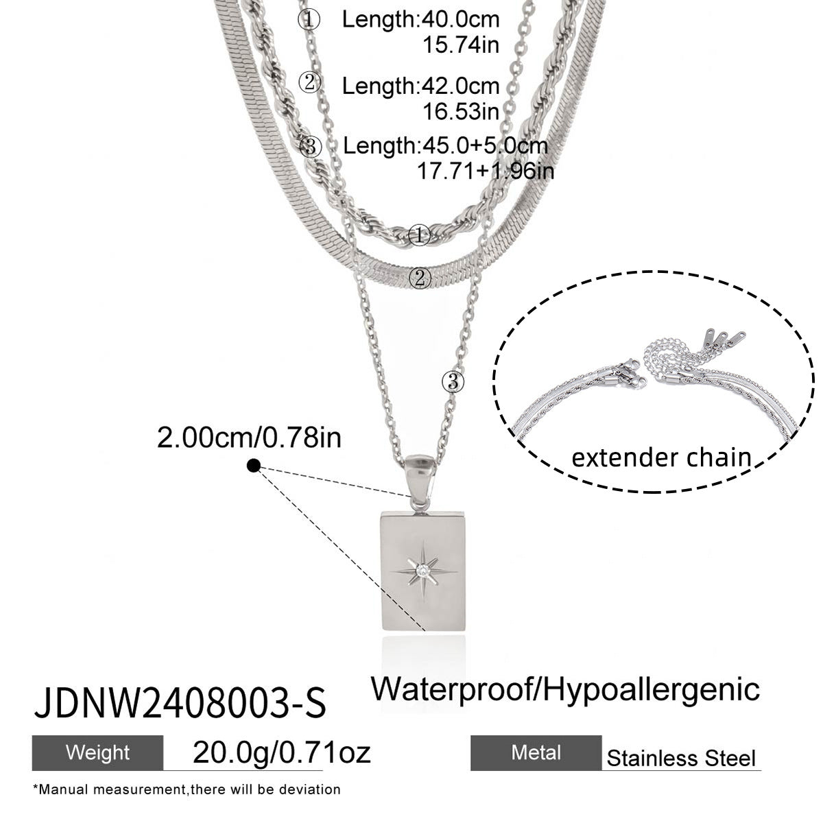 Stainless steel triple layer star rectangle pendant necklace size details