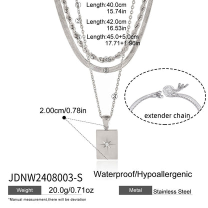 Stainless steel triple layer star rectangle pendant necklace size details