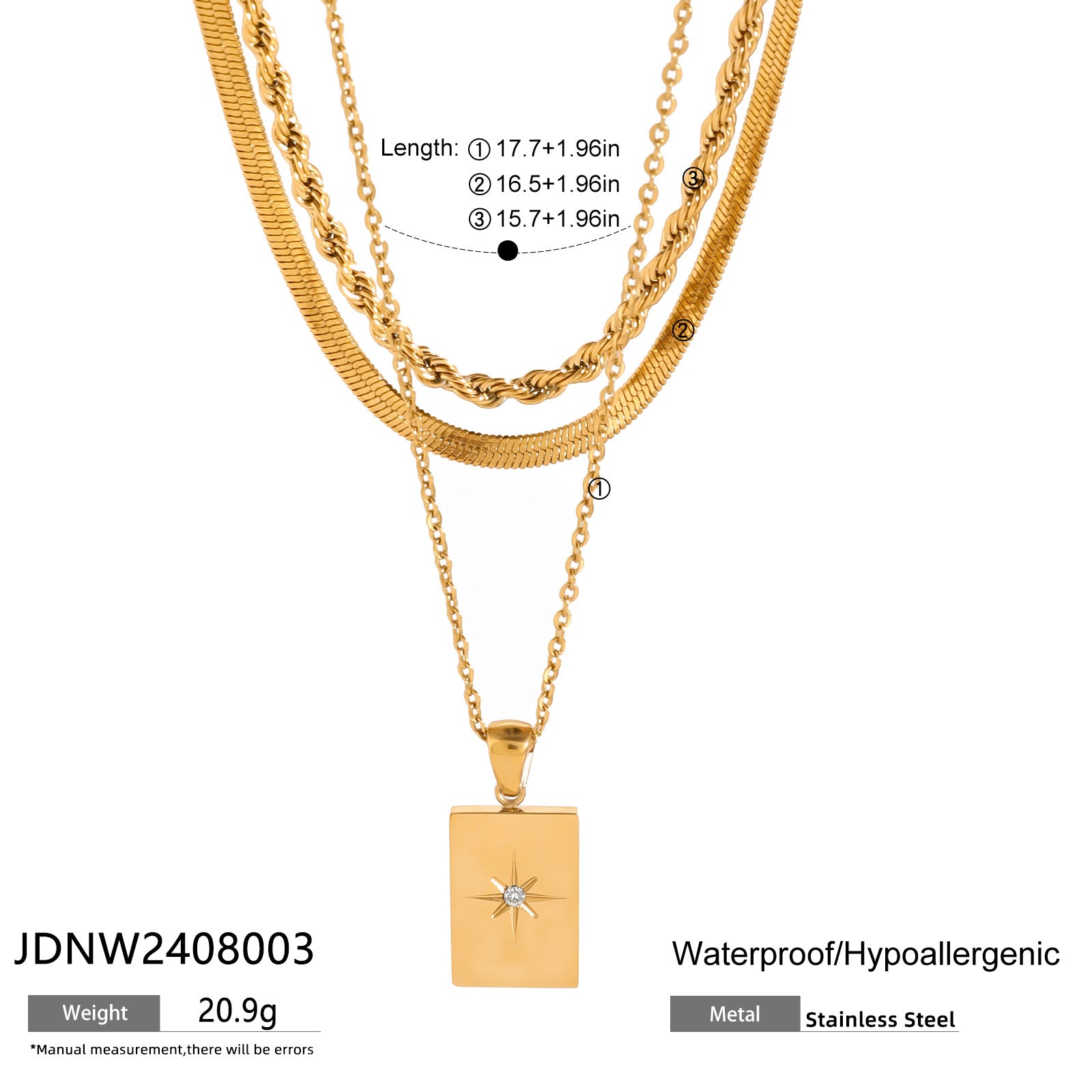 Stainless steel triple layer star rectangle pendant necklace size details