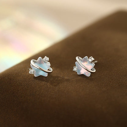 S925 silver moonstone star planet stud earrings with iridescent glow JR Fashion Accessories wholesale