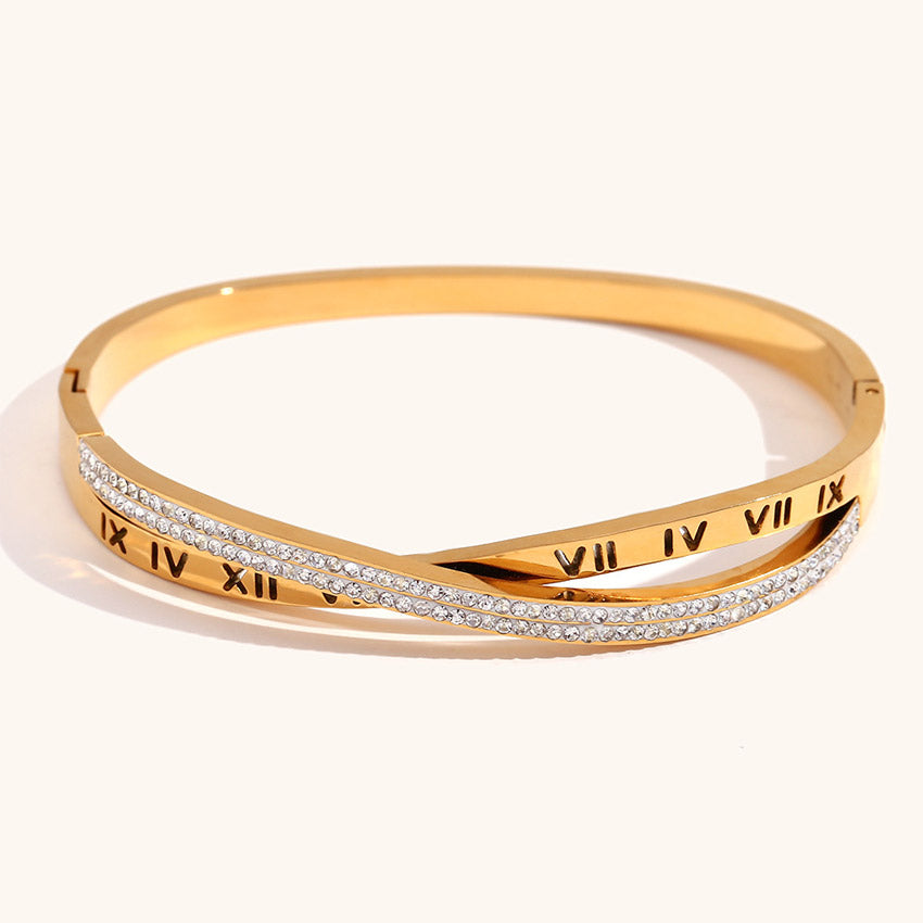 stainless steel gold cross roman numeral bangle