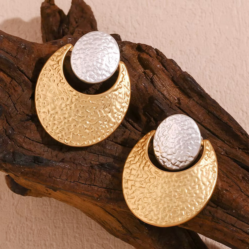 big stainless steel two tone hammered earrings