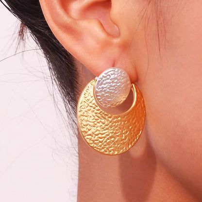 big women stainless steel two tone hammered drop earrings