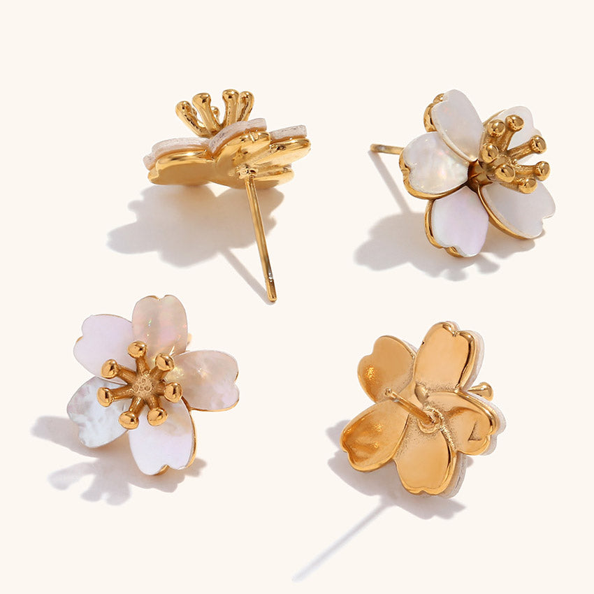 18k gold stainless steel small stud mother of pearl flower earrings