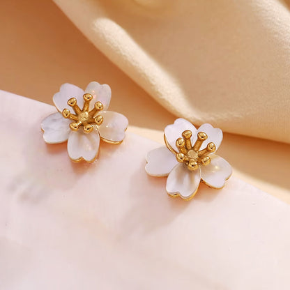 18k gold stainless steel small stud mother of pearl flower cherry blossom earrings