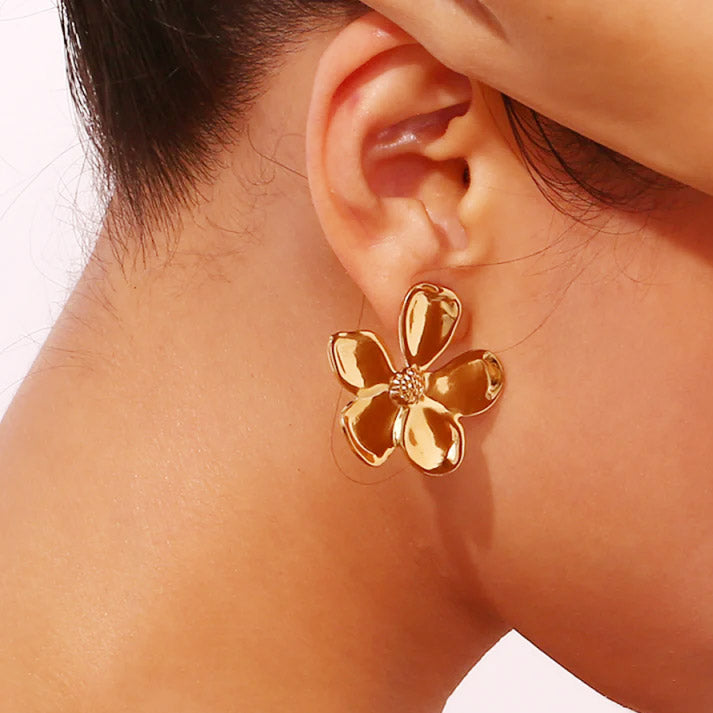 big stainless steel 18k gold daisy flower stud earrings