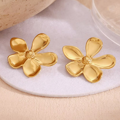 Vintage big stainless steel 18k gold daisy flower earrings