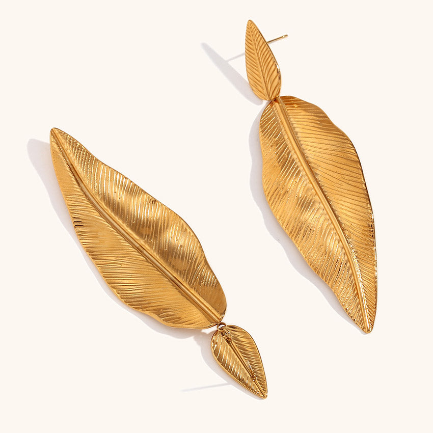 women gold drop stainless steel leaf earrings