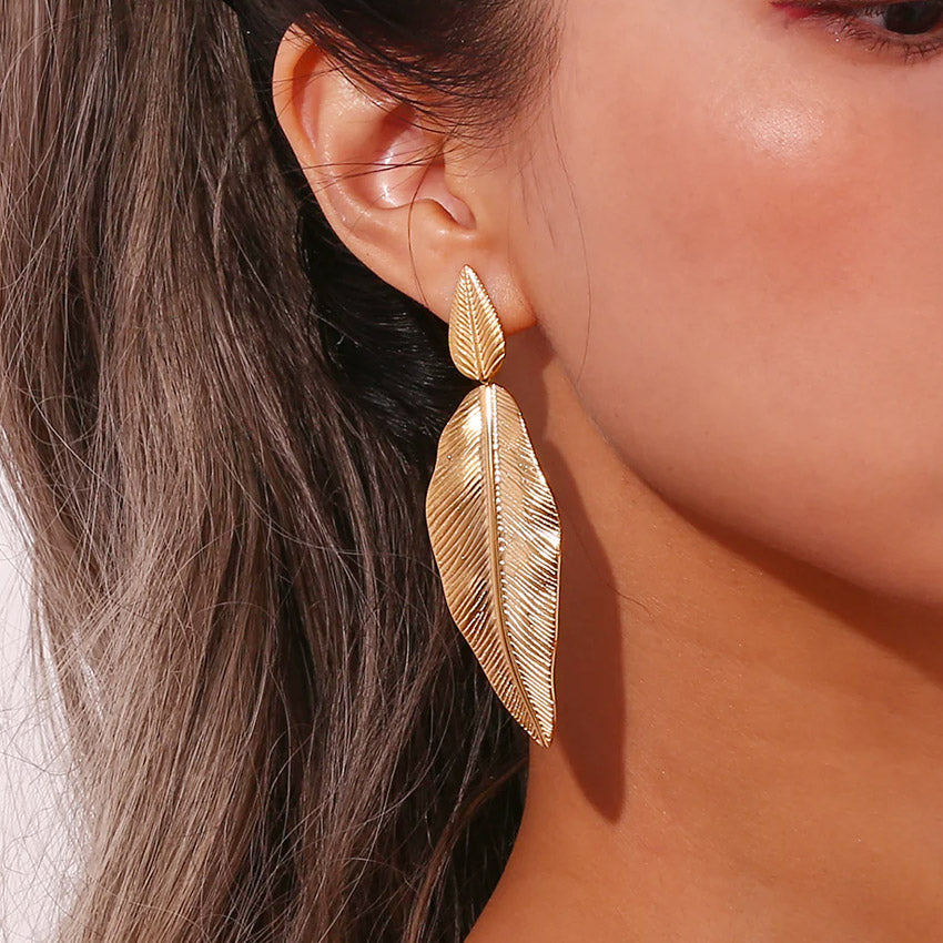 boho summer jewelry women gold drop stainless steel feather leaf earrings