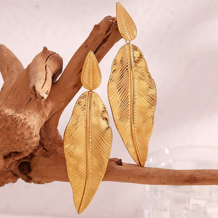 boho summer jewelry women gold stainless steel leaf drop stud earrings