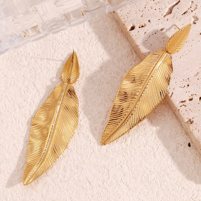 gold drop stainless steel leaf earrings for women