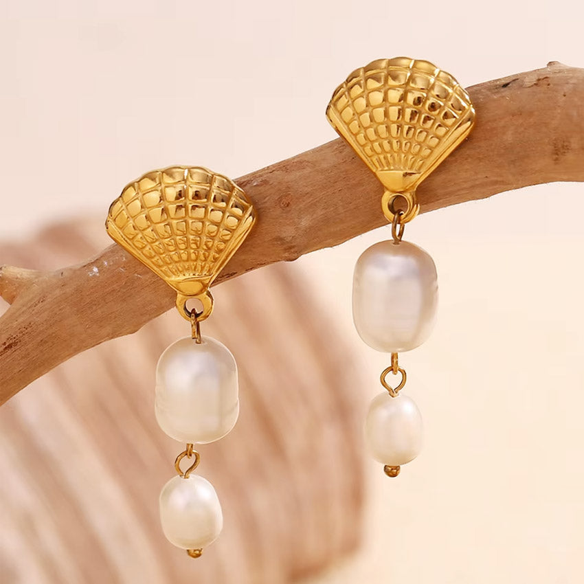 gold stainless steel shell shell tassel baroque pearl drop earrings