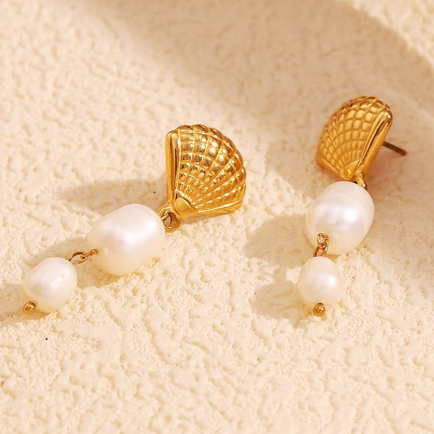 gold stainless steel shell pearl drop earrings