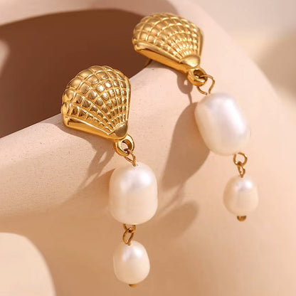 gold shell tassel pearl drop earrings