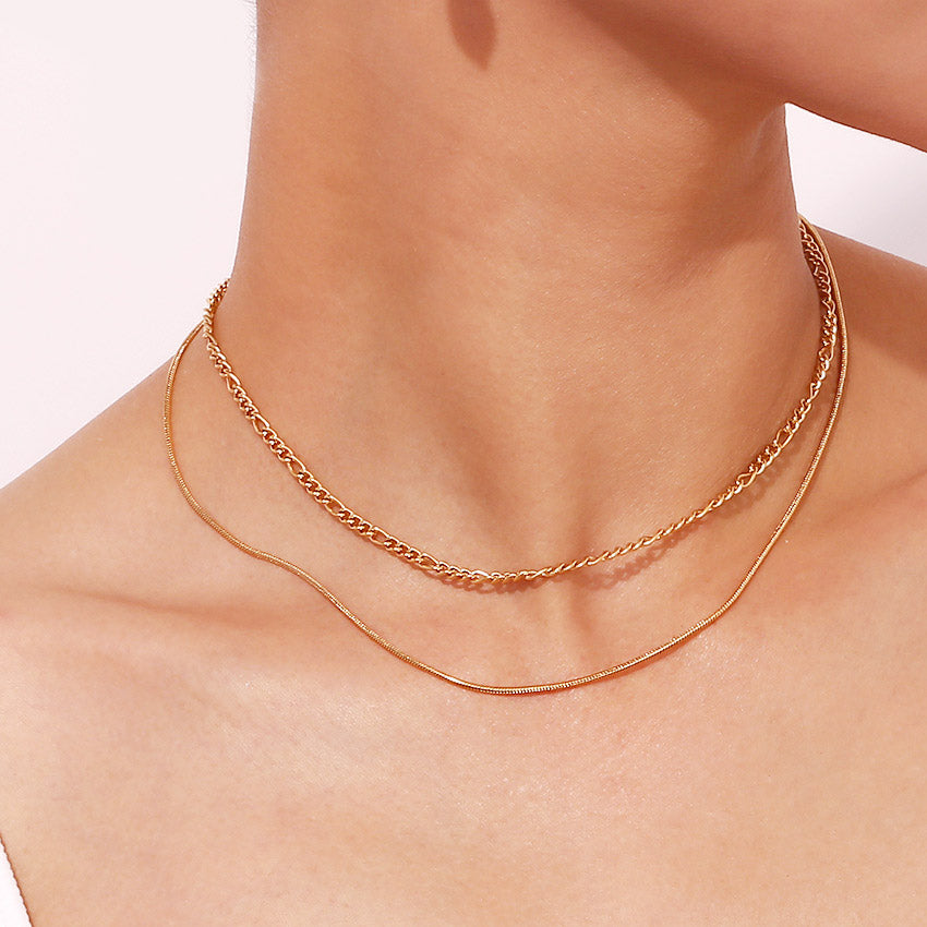 Double layered stainless steel chain figaro necklace