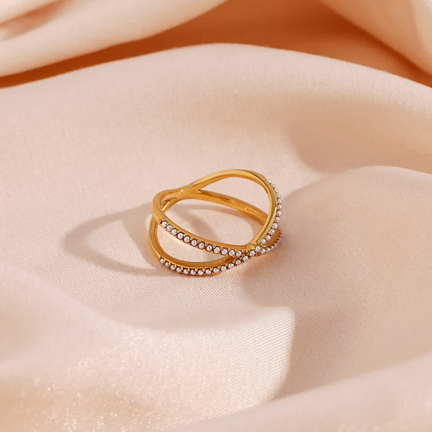 18k gold stainless steel pearl cross ring