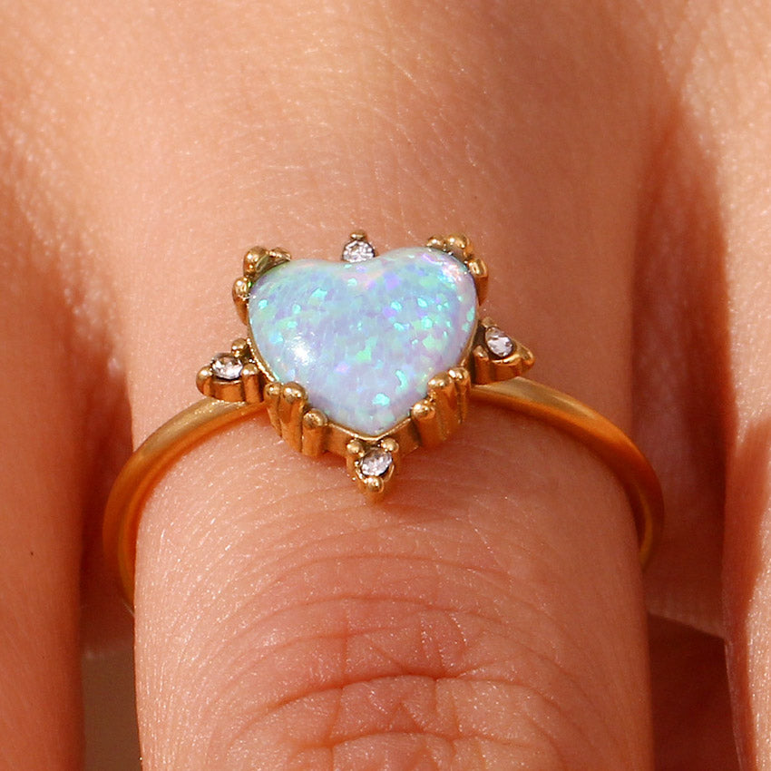 adjustable stainless steel heart opal rings for women