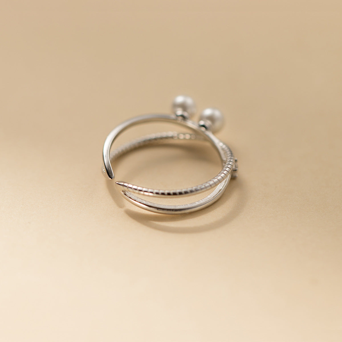 925 Sterling Silver Zircon-Studded Crossover Pearl Open Ring Set of 5