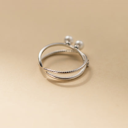 925 Sterling Silver Zircon-Studded Crossover Pearl Open Ring Set of 5