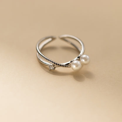 925 Sterling Silver Zircon-Studded Crossover Pearl Open Ring Set of 5