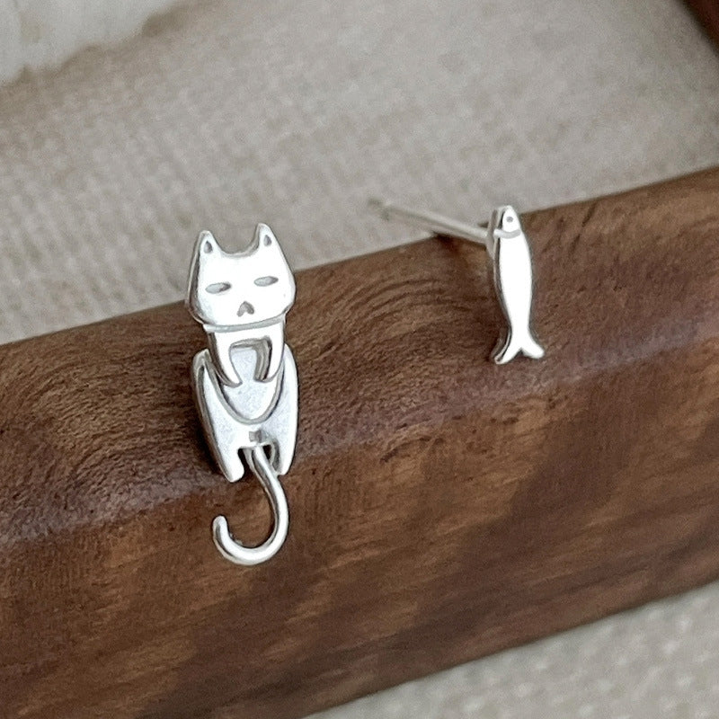 cute cat and fish stud earrings s999 sterling silver