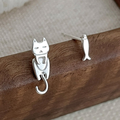 cute cat and fish stud earrings s999 sterling silver