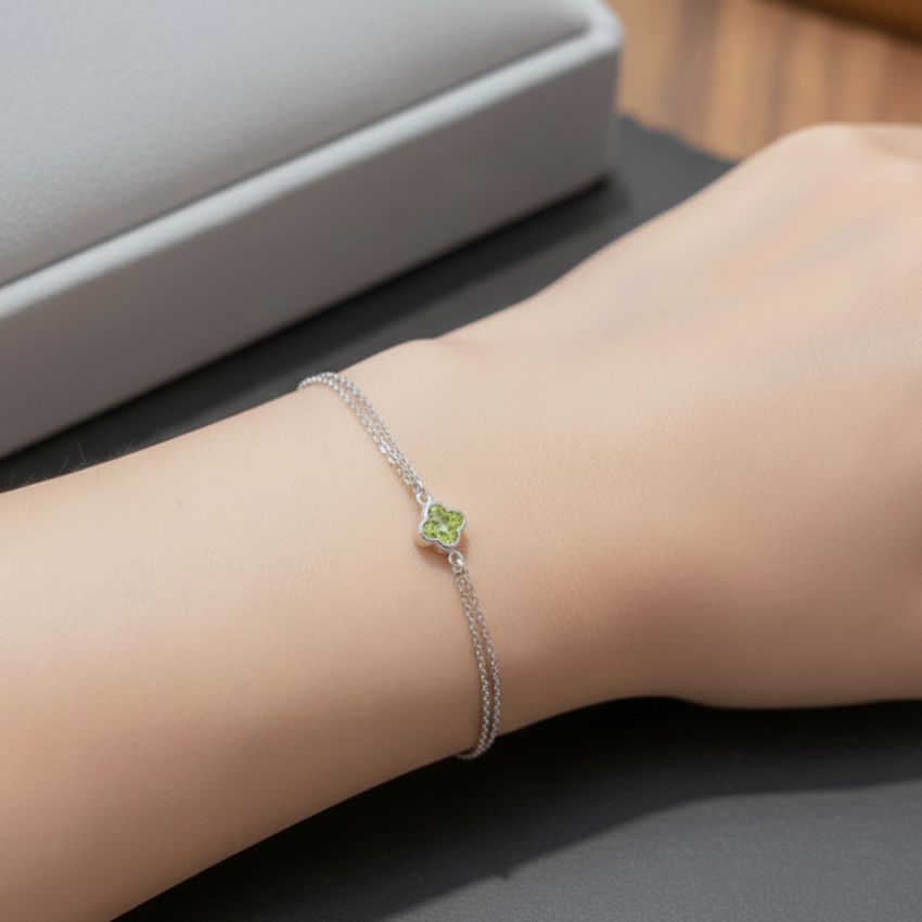 dainty sterling silver clover bracelet with green stone Black May jewelry gift idea