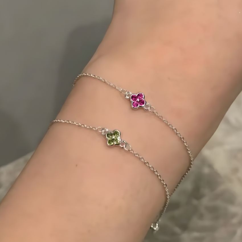 stackable sterling silver clover bracelet duo green and pink stones Black May gift style