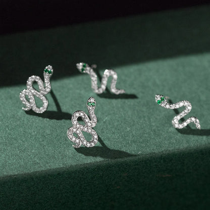 925 Sterling Silver Mini Sparkling Diamond Snake Design Stud Earrings (5 Pairs)