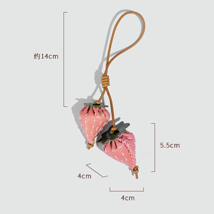 Strawberry Leather Bag Charm Size Reference — Handmade Leather Keychain for Handbag or Car Mirror Decoration