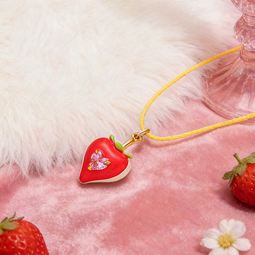 Enamel strawberry necklace and matching earrings five piece set
