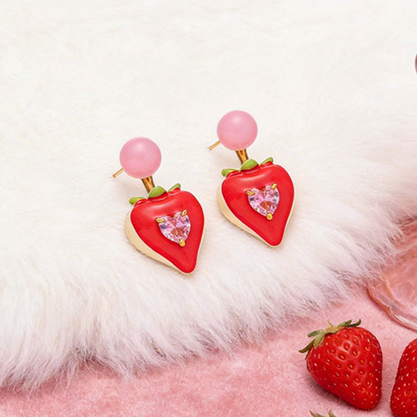 Enamel strawberry necklace and matching earrings five piece set