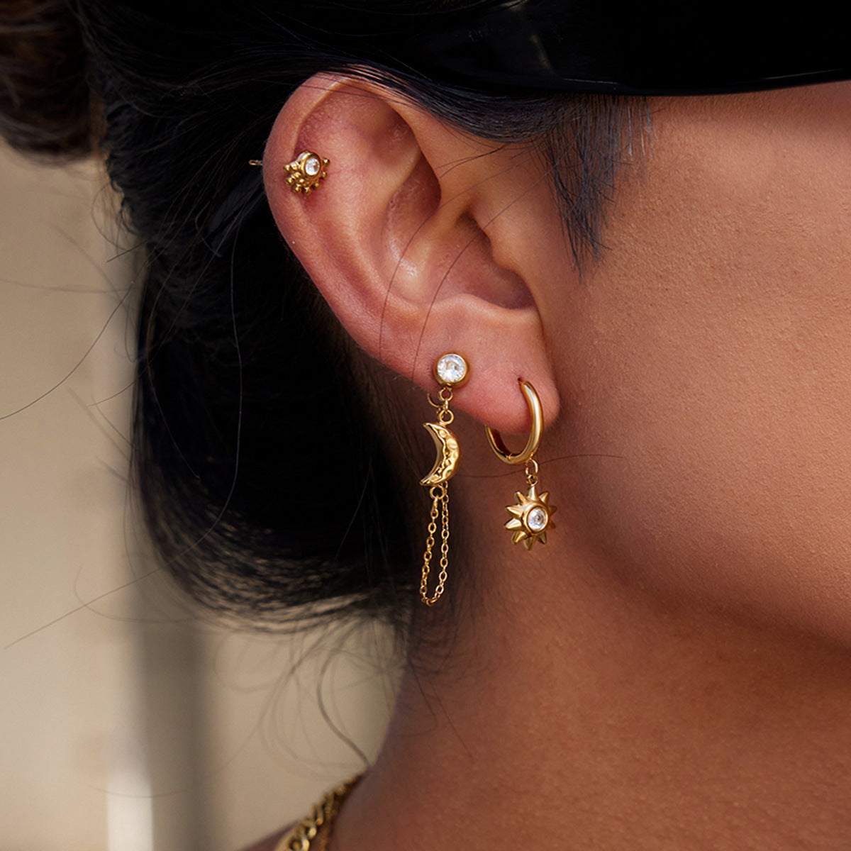 Sun Moon Tassel Earrings Set 3 Piece 18k Gold Plated Five Sets