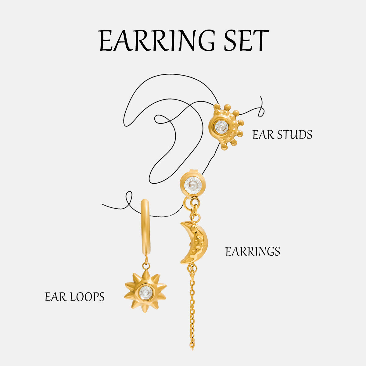 Sun Moon Tassel Earrings Set 3 Piece 18k Gold Plated Five Sets