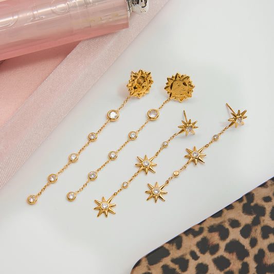 18K gold stainless steel smiling sun zircon tassel earrings flat lay display