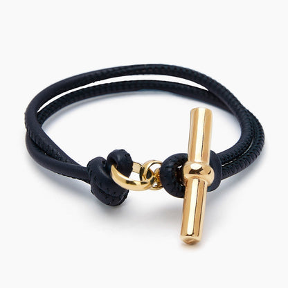 Black cord T bar bracelet minimal toggle closure gold tone hardware
